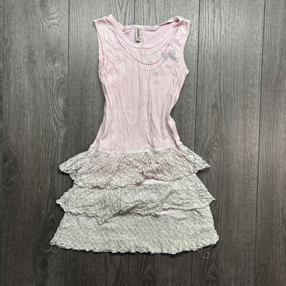 Vintage Mignonne Pink Tiered Lace Dress Rhinestone Bow Coquette Sleeveless Mini